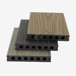 Plataforma de WPC compuesta con relieve de vetas de madera 3D, plataforma de WPC decorativa con orificio redondo, suelo de WPC de coextrusión de color teca para pasarela